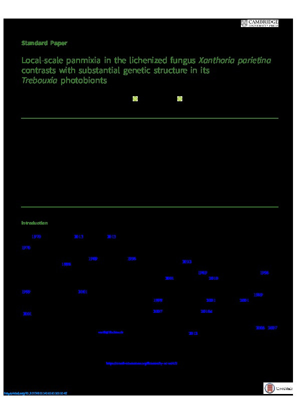 Local-scale panmixia in the lichenized fungus Xanthoria parietina contrasts with substantial genetic structure in its Trebouxia photobionts Thumbnail