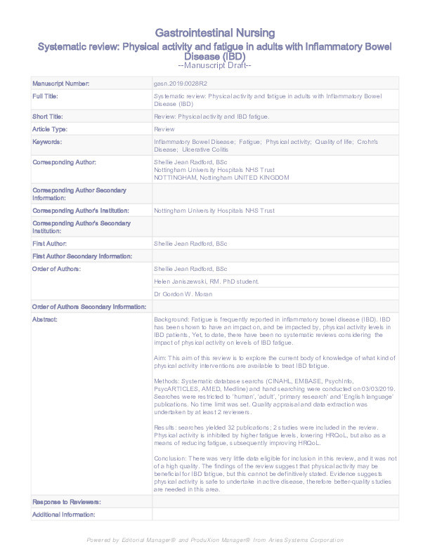 Physical activity and fatigue in adults with Inflammatory Bowel Disease (IBD): a systematic review Thumbnail