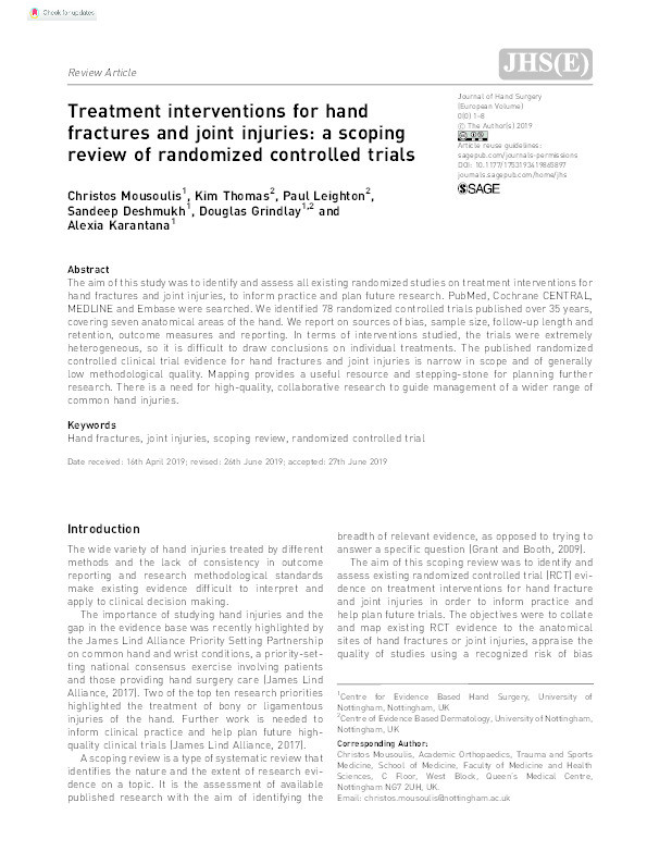 Treatment interventions for hand fractures and joint injuries: a scoping review of randomized controlled trials Thumbnail