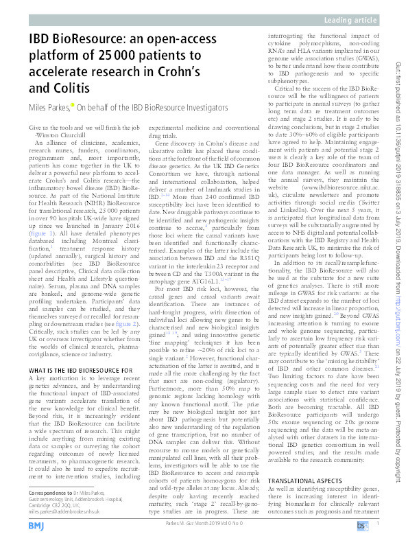 IBD BioResource: an open-access platform of 25 000 patients to accelerate research in Crohn’s and Colitis Thumbnail