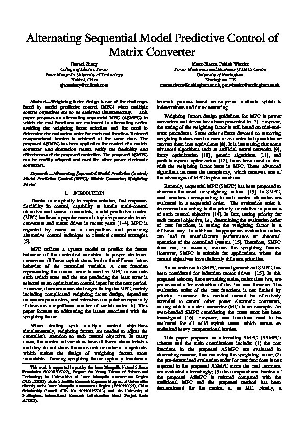 Alternating Sequential Model Predictive Control of Matrix Converter Thumbnail