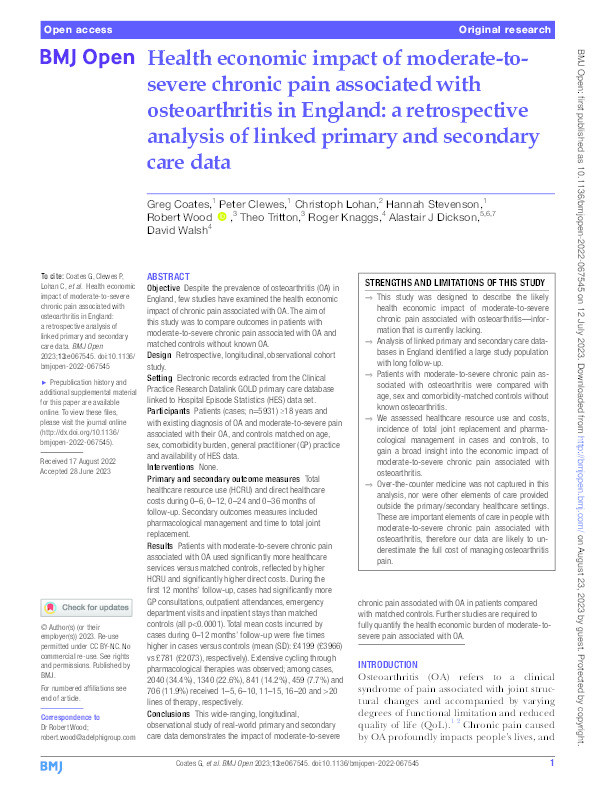 Health economic impact of moderate-to-severe chronic pain associated with osteoarthritis in England: a retrospective analysis of linked primary and secondary care data Thumbnail