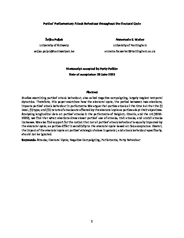 Parties’ parliamentary attack behaviour throughout the electoral cycle Thumbnail