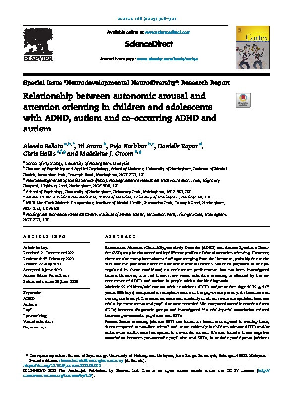 Relationship between autonomic arousal and attention orienting in children and adolescents with ADHD, autism and co-occurring ADHD and autism Thumbnail