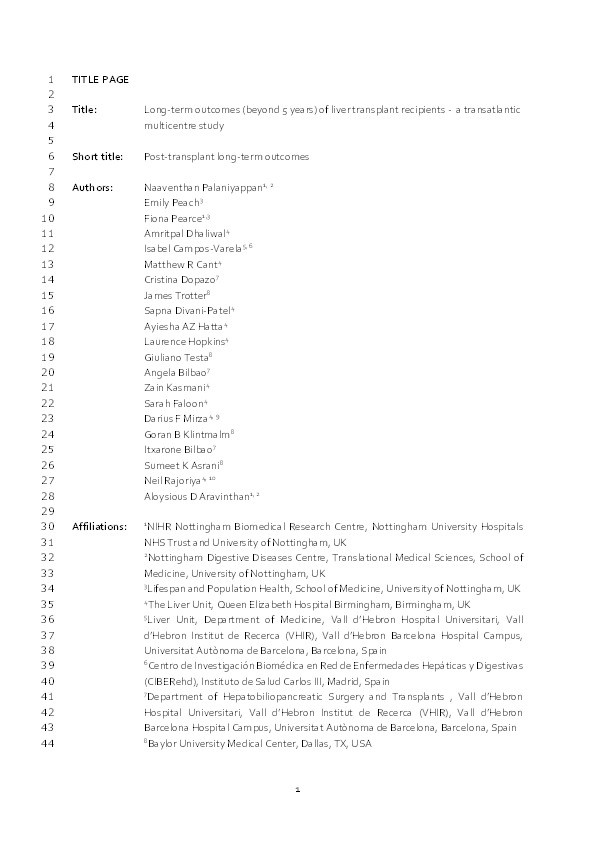 Long-term outcomes (beyond 5 years) of liver transplant recipients--a transatlantic multicenter study Thumbnail