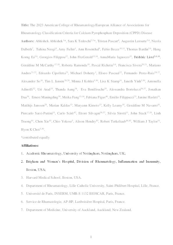 The 2023 ACR/EULAR classification criteria for calcium pyrophosphate deposition disease Thumbnail