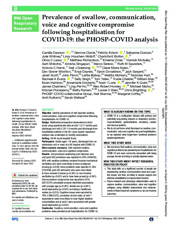 Prevalence of swallow, communication, voice and cognitive compromise following hospitalisation for COVID-19: the PHOSP-COVID analysis Thumbnail