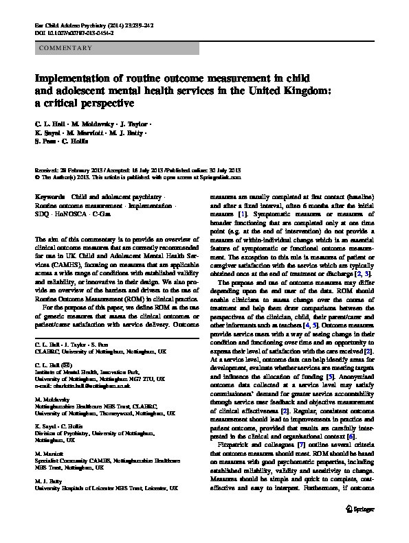 Implementation of routine outcome measurement in child and adolescent mental health services in the United Kingdom: A critical perspective Thumbnail