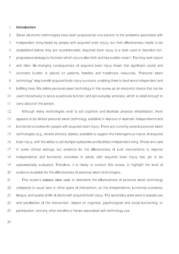 A systematic review of personal smart technologies used to improve outcomes in adults with acquired brain injuries Thumbnail