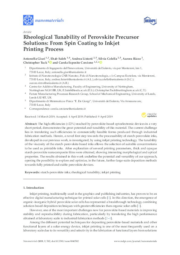 Rheological Tunability of Perovskite Precursor Solutions: From Spin Coating to Inkjet Printing Process Thumbnail