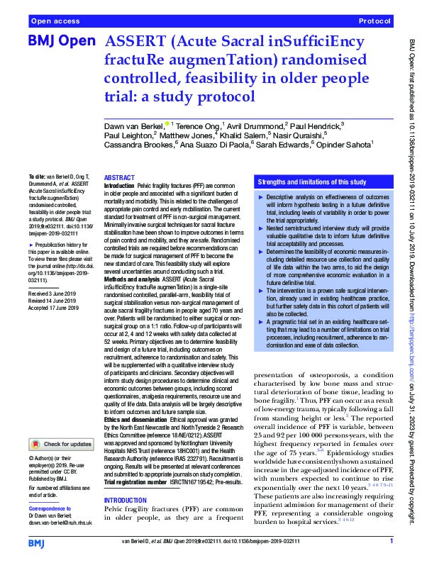 ASSERT (Acute Sacral inSufficiEncy fractuRe augmenTation) randomised controlled, feasibility in older people trial: a study protocol Thumbnail