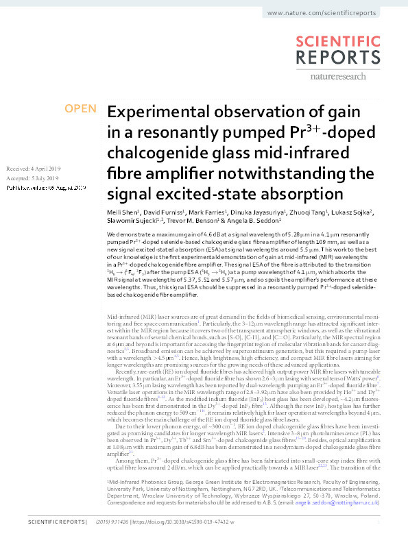 Experimental observation of gain in a resonantly pumped Pr3+-doped chalcogenide glass mid-infrared fibre amplifier notwithstanding the signal excited-state absorption Thumbnail