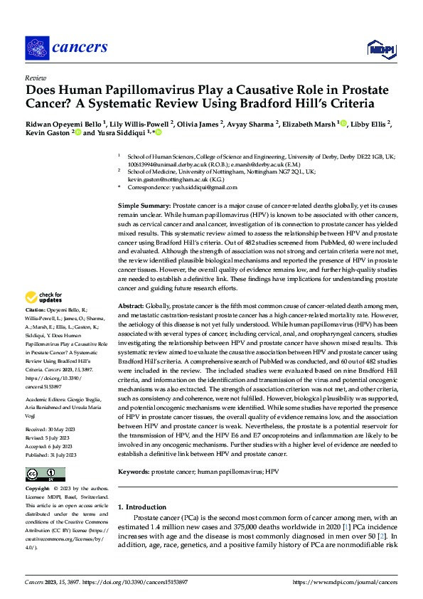 Does Human Papillomavirus Play a Causative Role in Prostate Cancer? A Systematic Review Using Bradford Hill’s Criteria Thumbnail