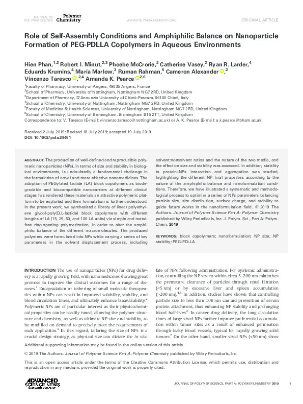 Role of Self‐Assembly Conditions and Amphiphilic Balance on Nanoparticle Formation of PEG‐PDLLA Copolymers in Aqueous Environments Thumbnail