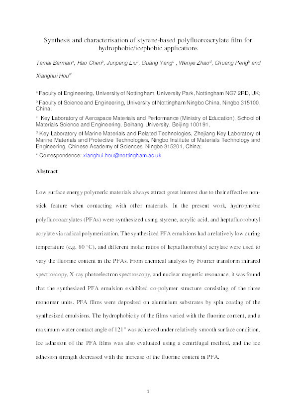 Synthesis and characterization of styrene-based polyfluoroacrylate film for hydrophobic/icephobic applications Thumbnail