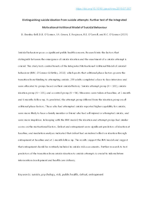 Distinguishing suicide ideation from suicide attempts: Further test of the Integrated Motivational-Volitional Model of Suicidal Behaviour Thumbnail