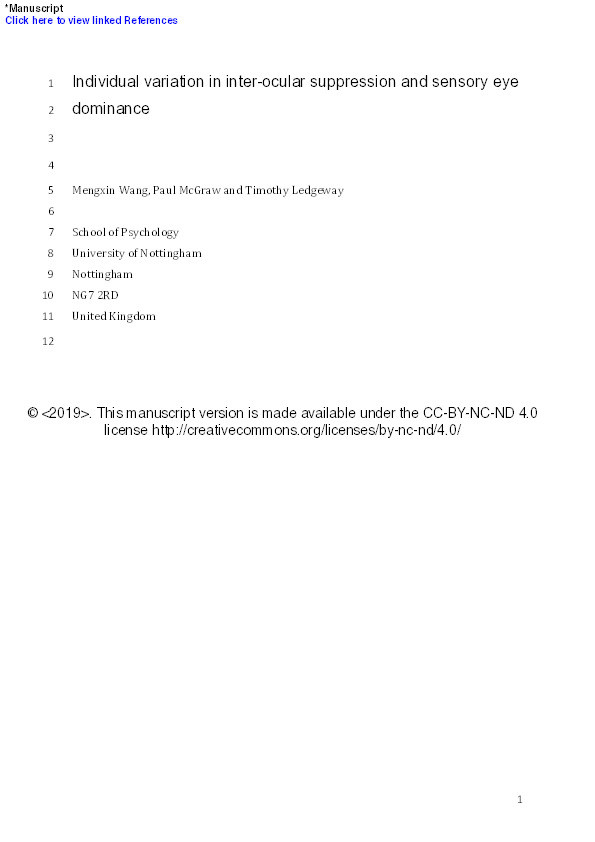 Individual variation in inter-ocular suppression and sensory eye dominance Thumbnail