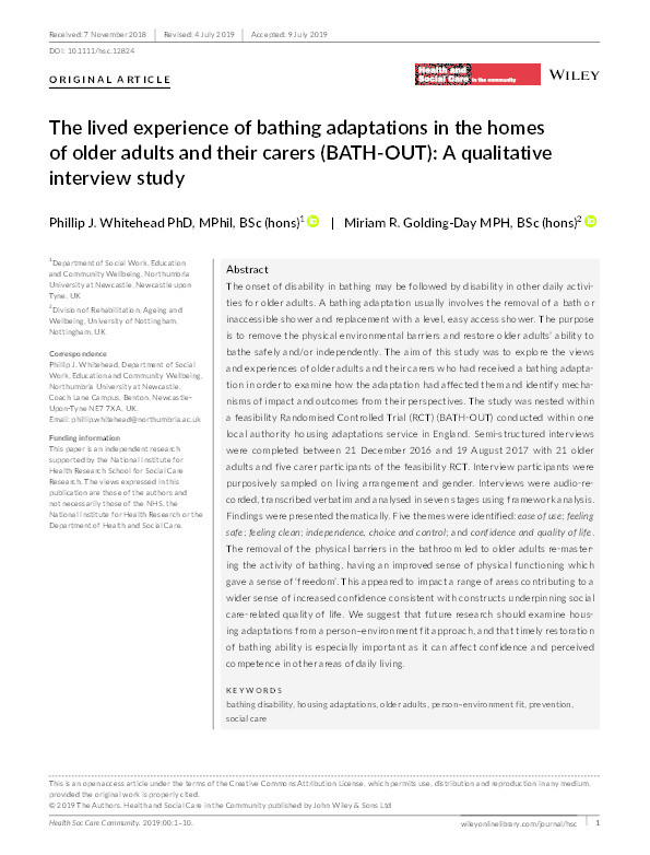 The lived experience of bathing adaptations in the homes of older adults and their carers (BATH‐OUT): A qualitative interview study Thumbnail