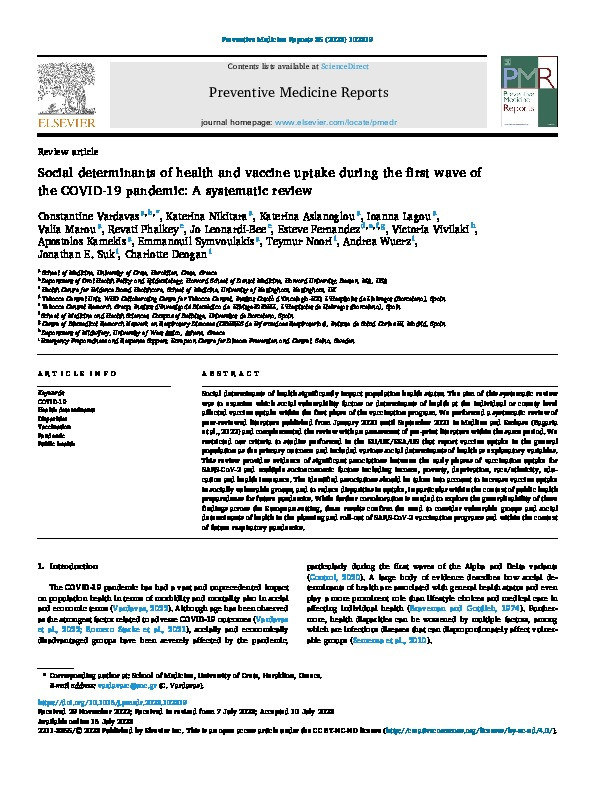 Social determinants of health and vaccine uptake during the first wave of the COVID-19 pandemic: A systematic review Thumbnail