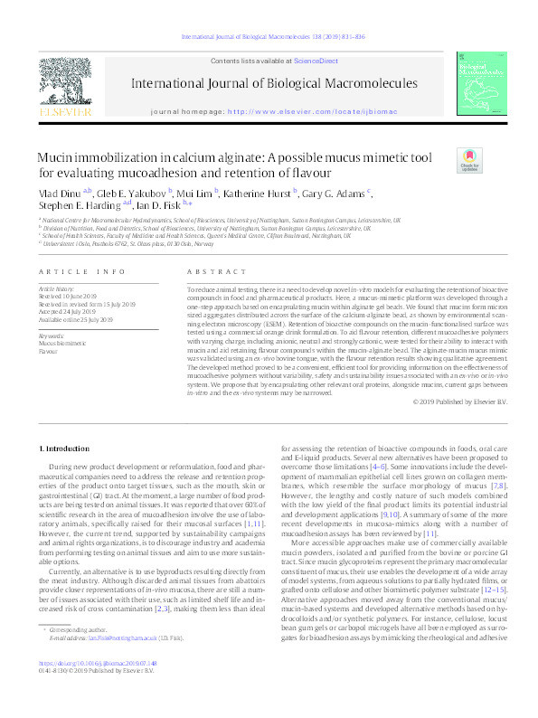 Mucin immobilization in calcium alginate: A possible mucus mimetic tool for evaluating mucoadhesion and retention of flavour Thumbnail