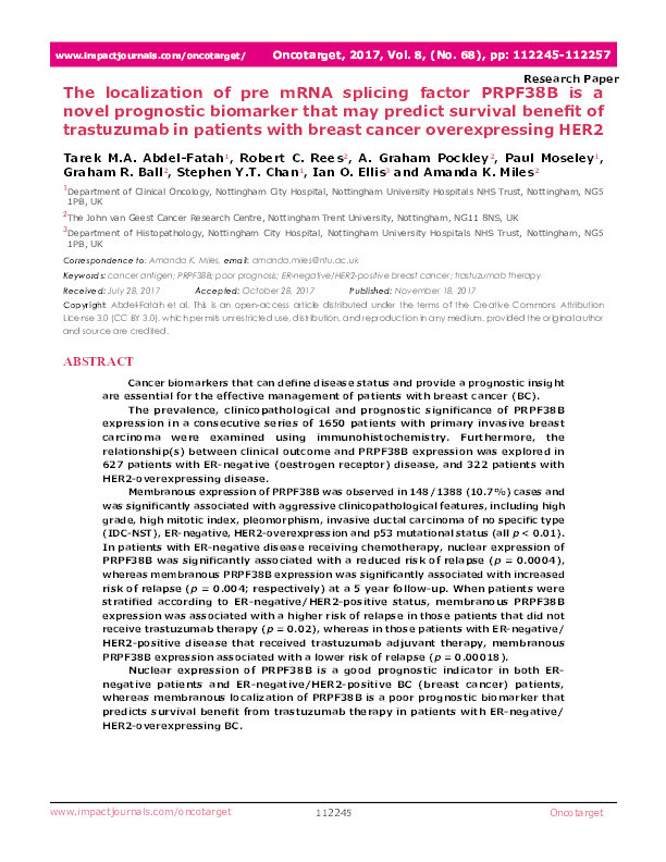 The localization of pre mRNA splicing factor PRPF38B is a novel prognostic biomarker that may predict survival benefit of trastuzumab in patients with breast cancer overexpressing HER2 Thumbnail