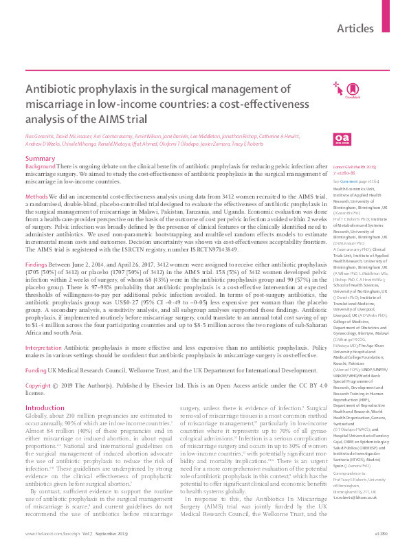 Antibiotic prophylaxis in the surgical management of miscarriage in low-income countries: a cost-effectiveness analysis of the AIMS trial Thumbnail