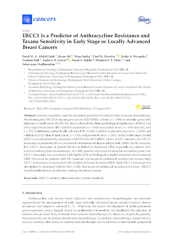 ERCC1 Is a Predictor of Anthracycline Resistance and Taxane Sensitivity in Early Stage or Locally Advanced Breast Cancers Thumbnail