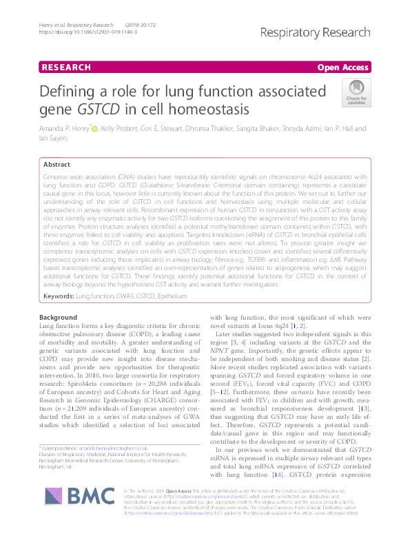 Defining a role for lung function associated gene GSTCD in cell homeostasis Thumbnail