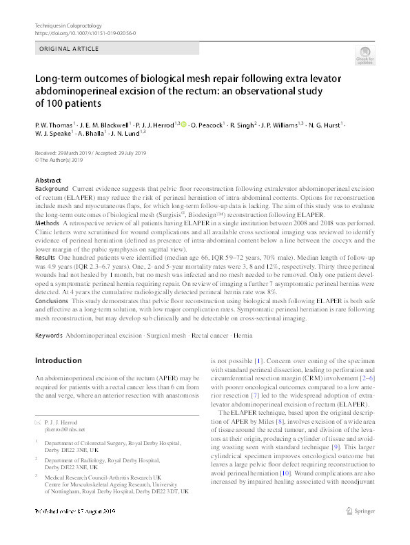 Long-term outcomes of biological mesh repair following extra levator abdominoperineal excision of the rectum: an observational study of 100 patients Thumbnail