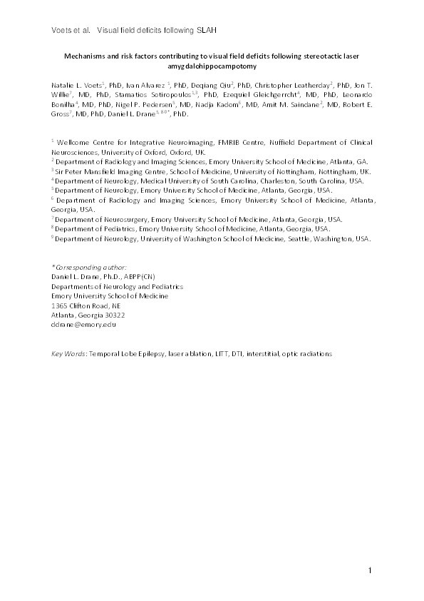 Mechanisms and Risk Factors Contributing to Visual Field Deficits following Stereotactic Laser Amygdalohippocampotomy Thumbnail