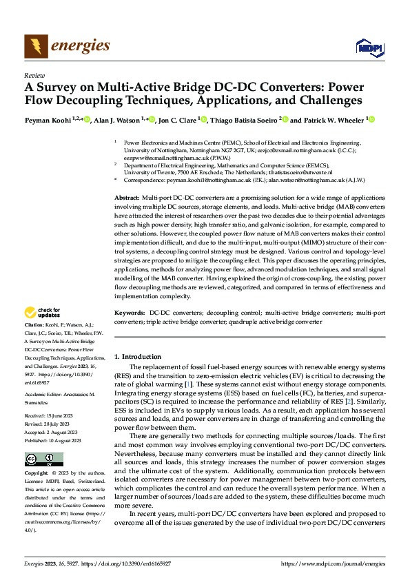 A Survey on Multi-Active Bridge DC-DC Converters: Power Flow Decoupling Techniques, Applications, and Challenges Thumbnail