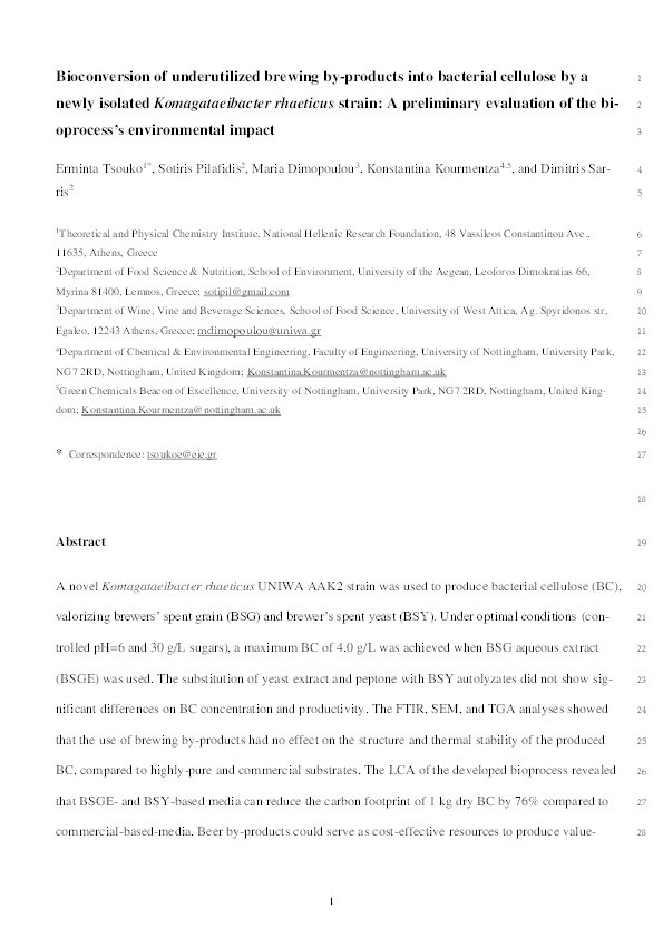 Bioconversion of underutilized brewing by-products into bacterial cellulose by a newly isolated Komagataeibacter rhaeticus strain: A preliminary evaluation of the bioprocess environmental impact Thumbnail