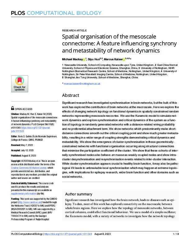 Spatial organisation of the mesoscale connectome: A feature influencing synchrony and metastability of network dynamics Thumbnail