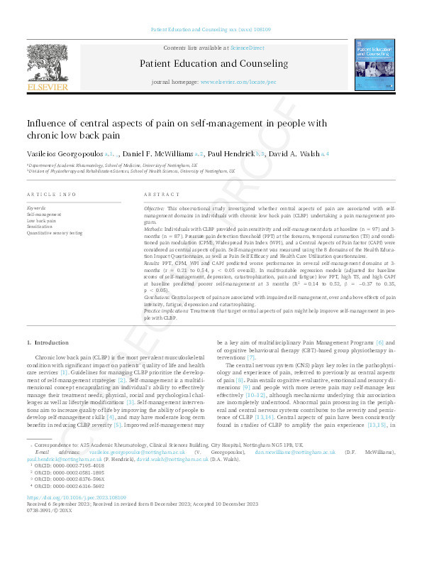 Influence of central aspects of pain on self-management in people with chronic low back pain Thumbnail