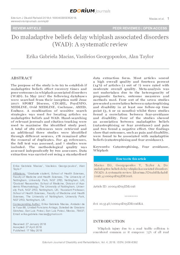 Do maladaptive beliefs delay whiplash associated disorders (WAD): A systematic review Thumbnail