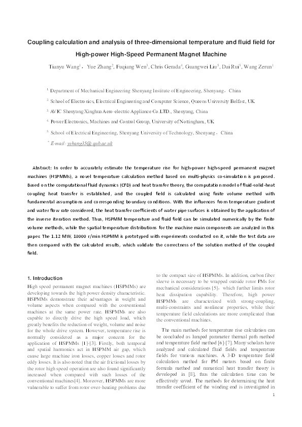 Coupling calculation and analysis of three-dimensional temperature and fluid field for high-power high-speed permanent magnet machine Thumbnail