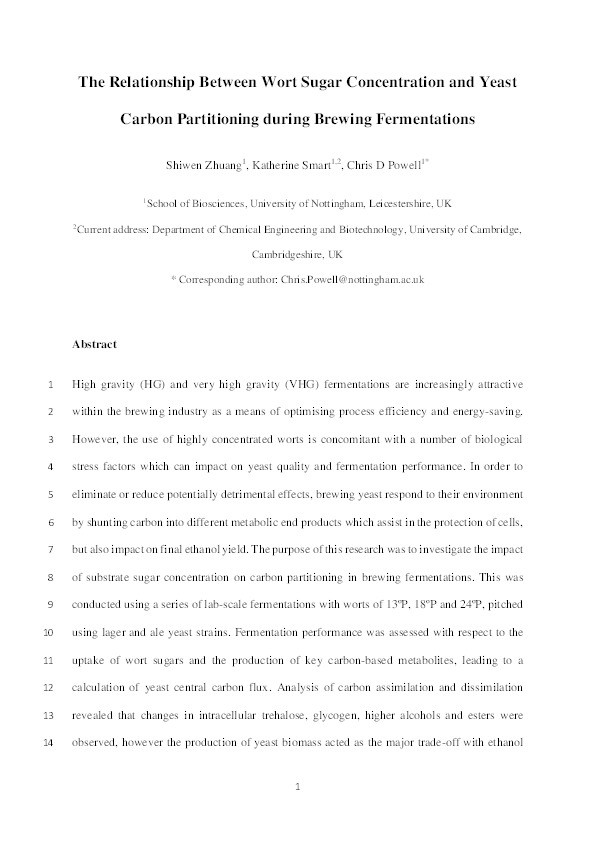 The Relationship Between Wort Sugar Concentration and Yeast Carbon Partitioning during Brewing Fermentations Thumbnail