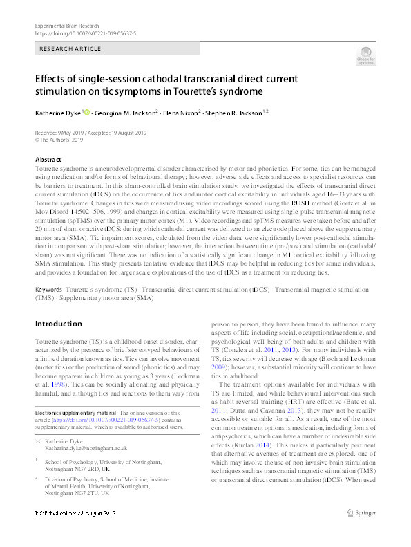 Effects of single session cathodal transcranial direct current stimulation on tic symptoms in Tourette's syndrome Thumbnail