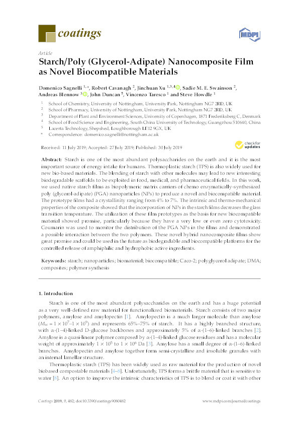 Starch/Poly (Glycerol-Adipate) Nanocomposite Film as Novel Biocompatible Materials Thumbnail