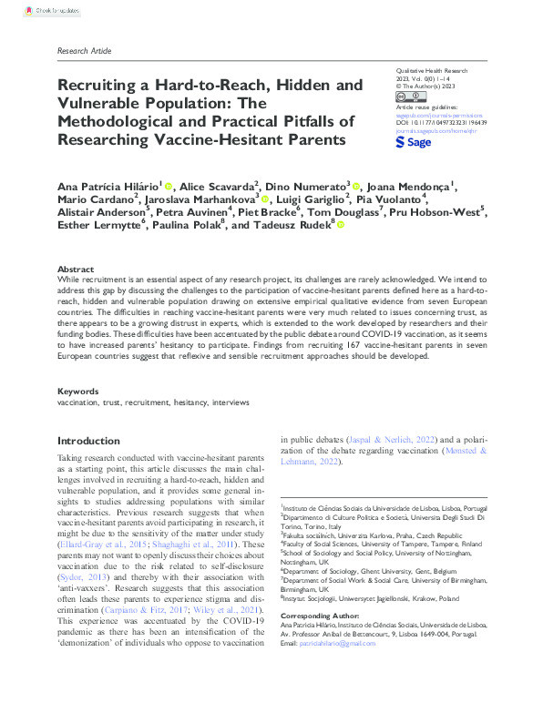 Recruiting a hard-to-reach, hidden and vulnerable population: the methodological and practical pitfalls of researching vaccine-hesitant parents Thumbnail