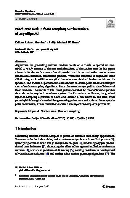 Patch area and uniform sampling on the surface of any ellipsoid Thumbnail