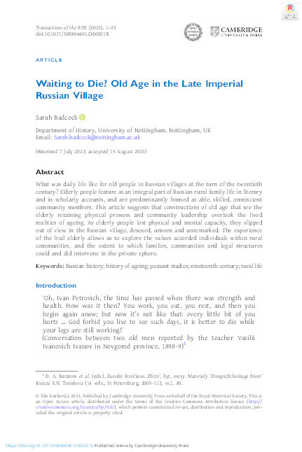 Waiting to Die? Old Age in the Late Imperial Russian Village Thumbnail