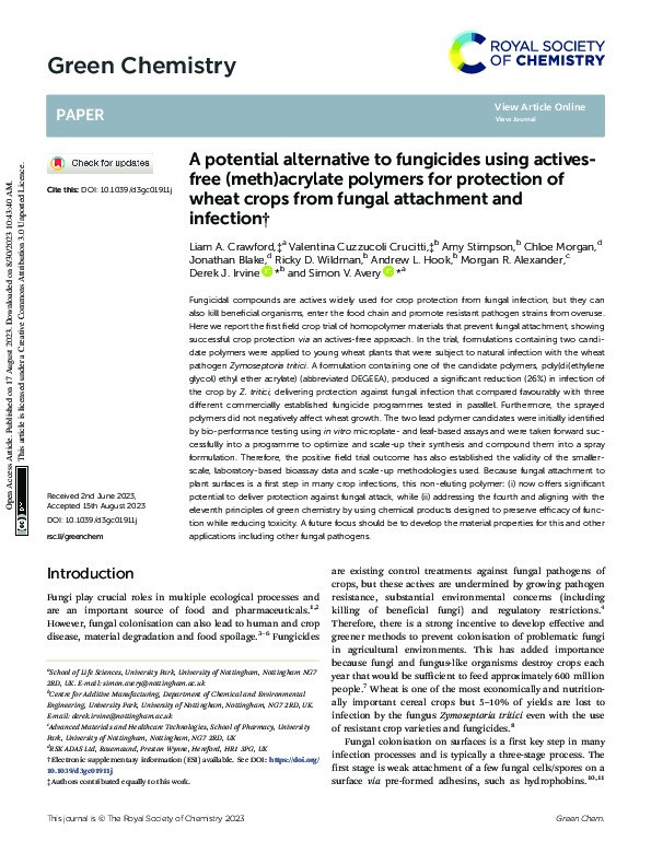 A potential alternative to fungicides using actives-free (meth)acrylate polymers for protection of wheat crops from fungal attachment and infection Thumbnail