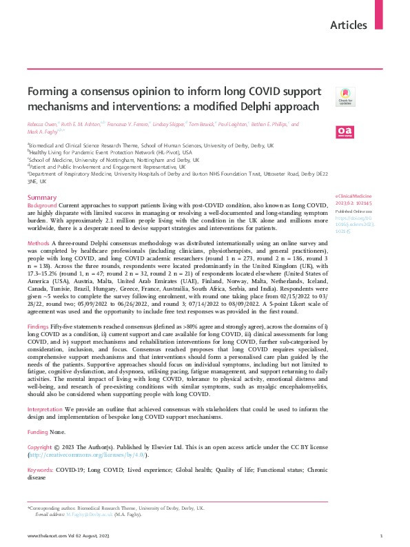 Forming a consensus opinion to inform long COVID support mechanisms and interventions: a modified Delphi approach. Thumbnail