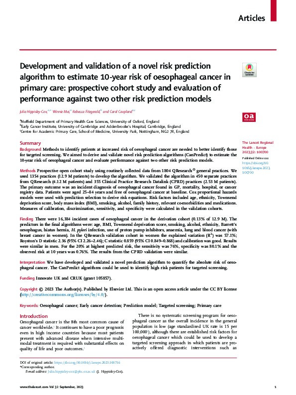 Development and validation of a novel risk prediction algorithm to estimate 10-year risk of oesophageal cancer in primary care: prospective cohort study and evaluation of performance against two other risk prediction models Thumbnail