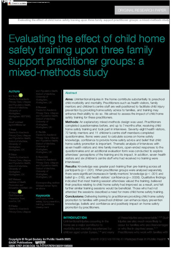 Evaluating the effect of child home safety training upon three family support practitioner groups: a mixed-methods study Thumbnail