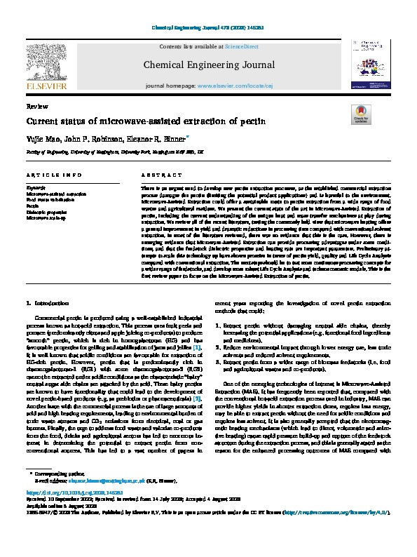 Current status of microwave-assisted extraction of pectin Thumbnail