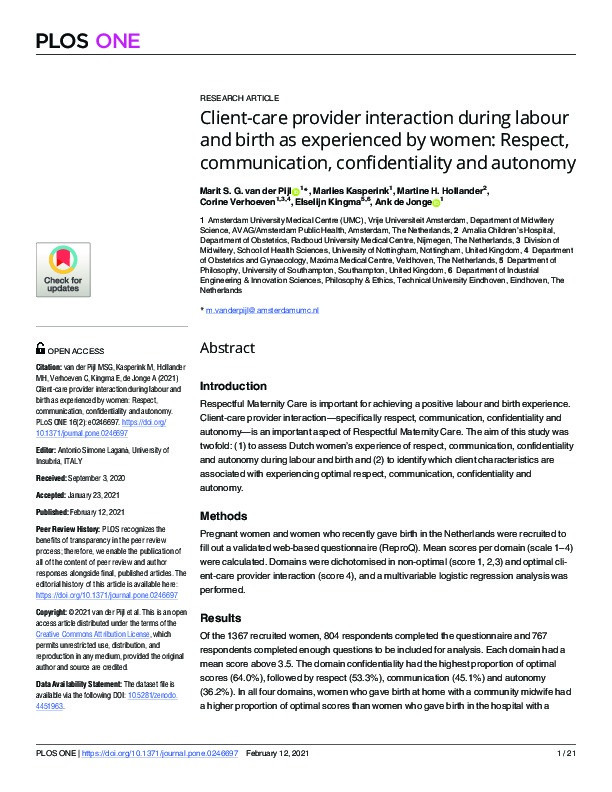 Client-care provider interaction during labour and birth as experienced by women: Respect, communication, confidentiality and autonomy Thumbnail