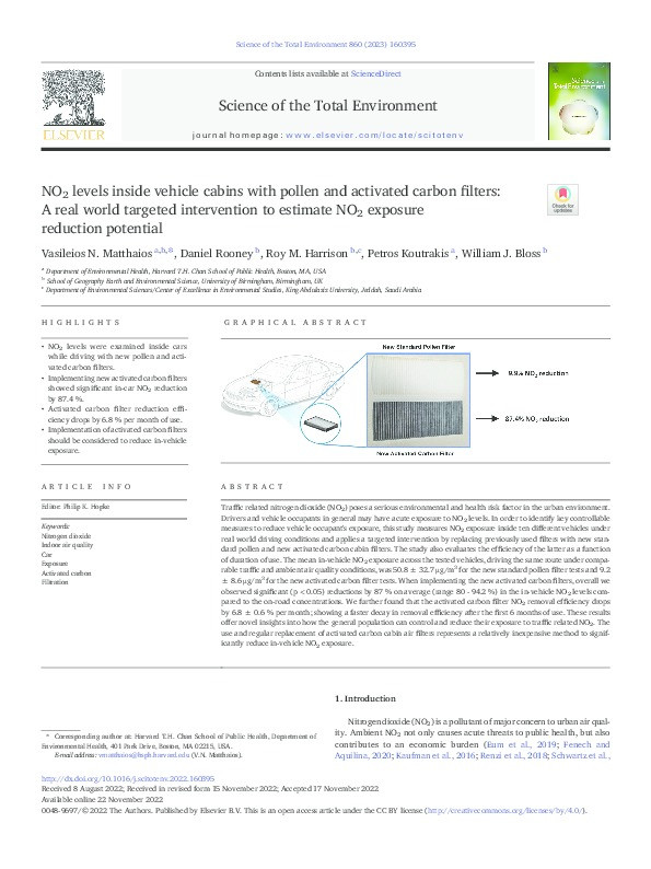 NO2 levels inside vehicle cabins with pollen and activated carbon filters: A real world targeted intervention to estimate NO2 exposure reduction potential Thumbnail