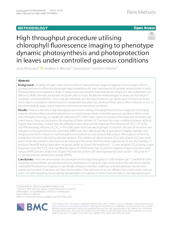 High throughput procedure utilising chlorophyll fluorescence imaging to phenotype dynamic photosynthesis and photoprotection in leaves under controlled gaseous conditions Thumbnail